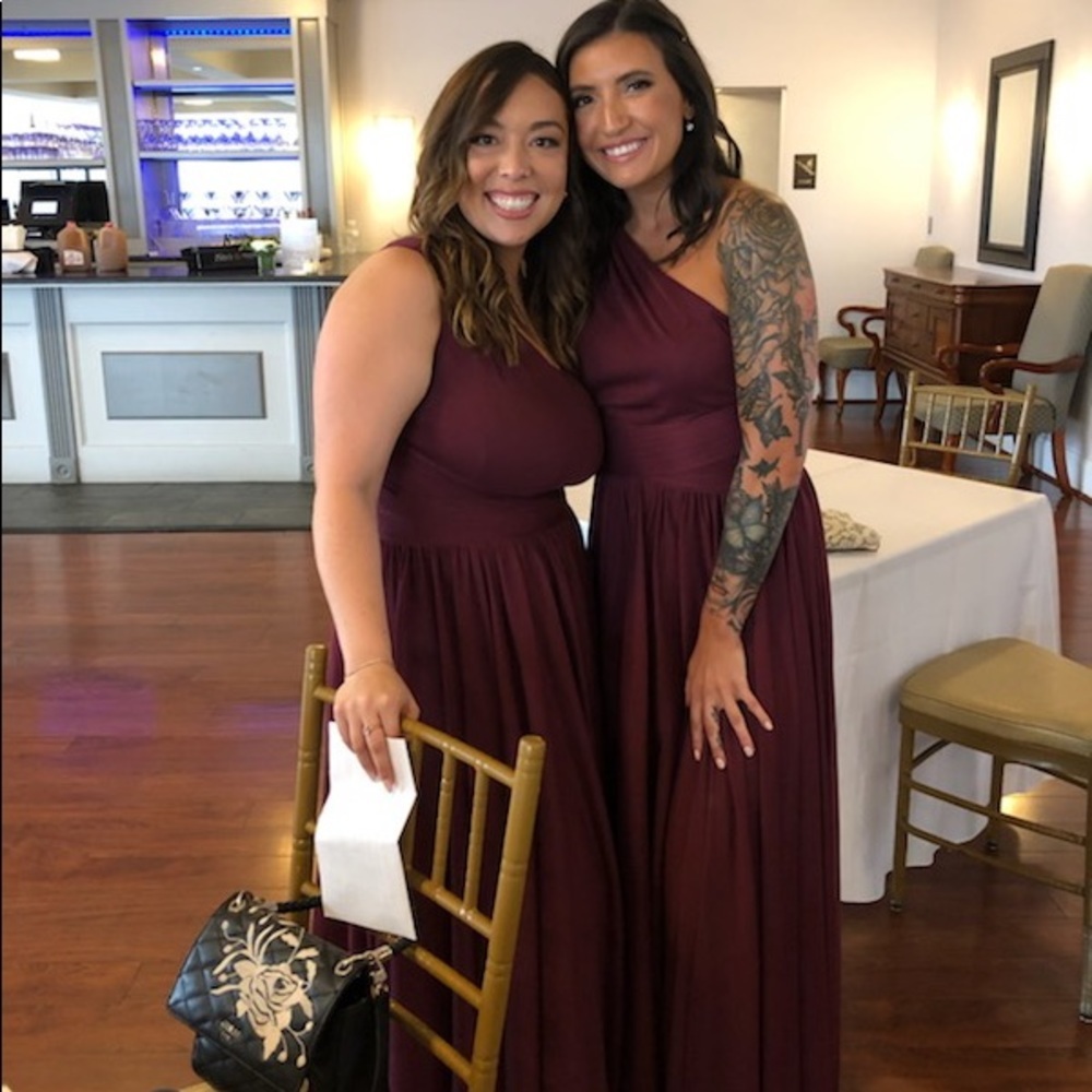 Maroon one shoulder bridesmaid/wedding guest gown